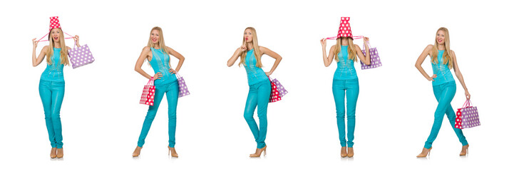 Woman with shopping bags isolated on white