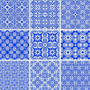 Vector set of seamless ancient and modern greek blue patterns on a white background. Samples in swatches palette