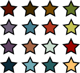 16 earth tone solid colored star vector icon set with black borders. Earth, nature, green theme or concept..