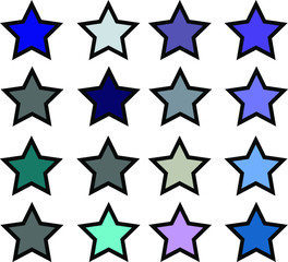 16 cool solid colored star vector icon set with black borders. Water, soft theme or concept..