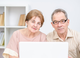 Elderly couple use laptop at home