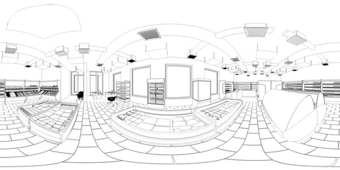 spherical panorama of the interior, contour visualization, 3D illustration, sketch, outline
