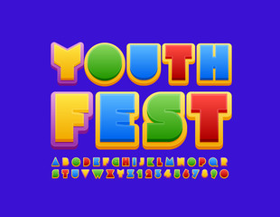 Vector colorful poster Youth Fest with Creative Kids Font. Bright Alphabet Letters and Numbers