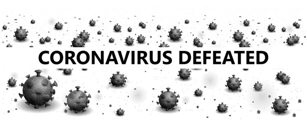 Сoronavirus defeated. Dead monochrome viruses and coronavirus bacteria lie on a white background. White and gray banner of coronavirus COVID-2019