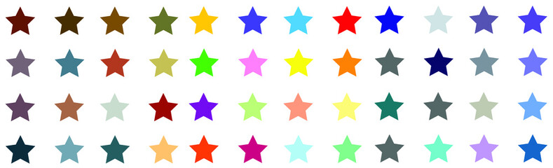36 solid multi colored star vector illustrations on white background. Bright, cool, earth tone and vibrant color options.