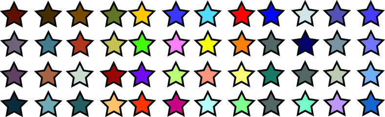 36 solid multi colored star vector illustrations with black background. Bright, cool, earth tone and vibrant color options.