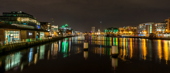Beautiful night view scene Dublin city center old town Ireland cityscape reflection river Liffey long exposure 