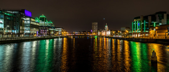 Beautiful night view scene Dublin city center old town Ireland cityscape reflection river Liffey long exposure 