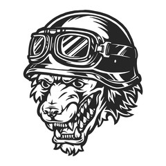 Aggressive wolf head in motorcycle helmet