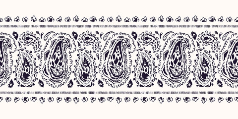 Hand-Drawn Artistic Ink Black, White Paisley Swirls Vector Seamless Horizontal Border. Trendy Boho Traditional Ethnic Fashion Print. Monochrome Line Painterly Doodle Folk Feminine Texture Background © Anna Putina
