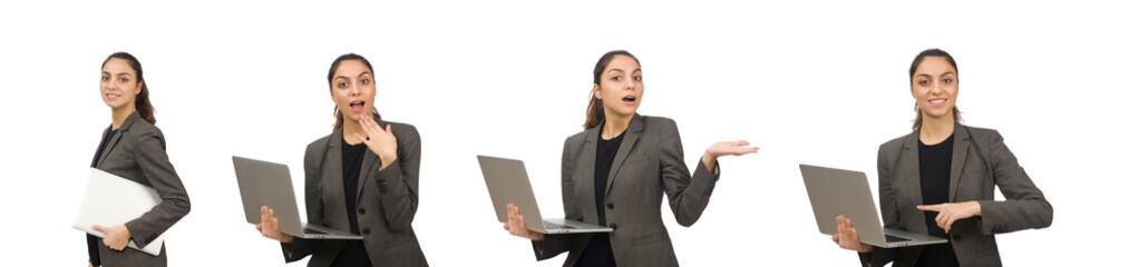 Young student with laptop on white