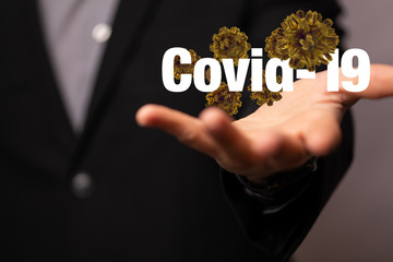 Hologram of coronavirus COVID-2019 on a blue futuristic background. Deadly type of virus 2019-nCoV. 3D models of coronavirus bacteria. Vectonic illustration in HUD style.