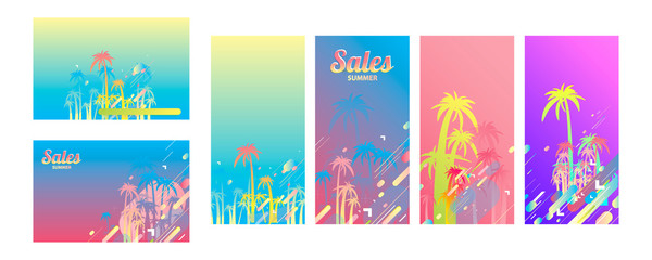 Abstract set summer background universal art header template. Collage made with palm tree drawings of fun circles and colorful neon elements