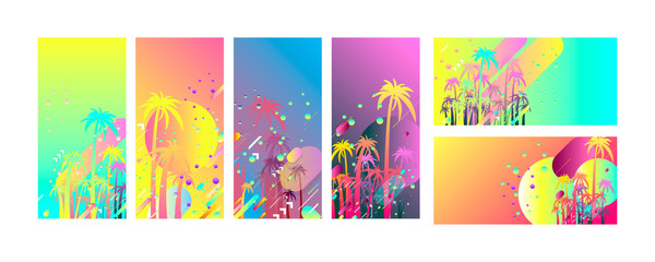 Abstract set summer background universal art header template. Collage made with palm tree drawings of fun circles and colorful neon elements