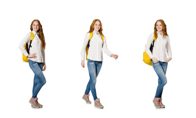 Fototapeta premium Woman with backpack isolated on white