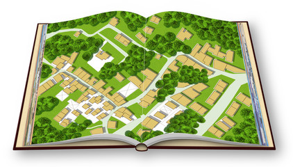 3D render of an opened photo book of an imaginary city map with residential buildings, roads, gardens green areas and trees - green city concept image