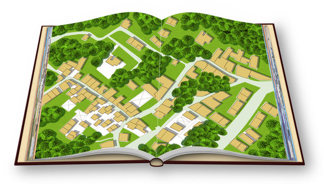 3D Render Of An Opened Photo Book Of An Imaginary City Map With Residential Buildings, Roads, Gardens Green Areas And Trees - Green City Concept Image