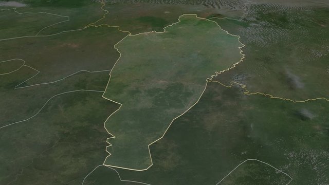 Nimba, county with its capital, zoomed and extruded on the satellite map of Liberia in the conformal Stereographic projection. Animation 3D