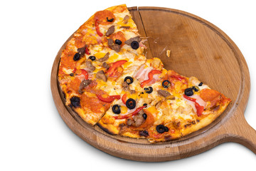 Piece of pizza on wooden board isolated on white background