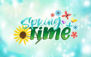 Spring time lettering with blue sky background and sunlight and boke