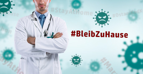 male doctor with crossed arms over blue Background of Coronavirus with virus illustration of global...