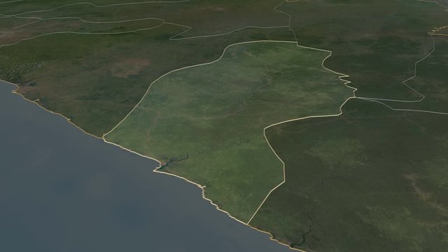 River Cess, county with its capital, zoomed and extruded on the satellite map of Liberia in the conformal Stereographic projection. Animation 3D