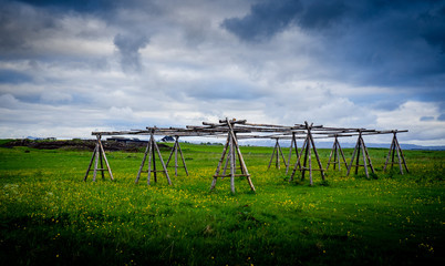 wooden rack for drying fish in Reykjavic Iceland