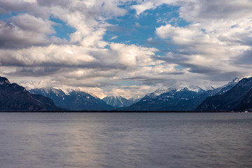 Fototapeta na wymiar Mountain lake and blue sky in Vevey Switzerland