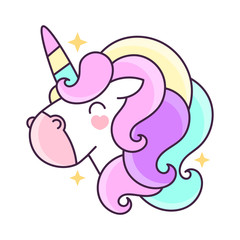 Cute unicorn .Vector cartoon character illustration.Design for child card,t-shirt.Girls,kid.magic concept.Isolated on white background.Cute unicorn horse with gold horn and beauty rainbow hair