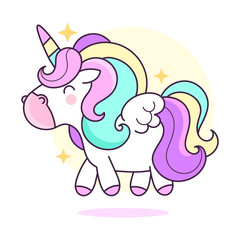 Cute unicorn .Vector cartoon character illustration.Design for child card,t-shirt.Girls,kid.magic concept.Isolated on white background.Cute unicorn horse with gold horn and beauty rainbow hair