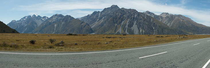 Landscape at the road to Mount Cook Village in Mount Cook National Park on South Island of New Zealand
