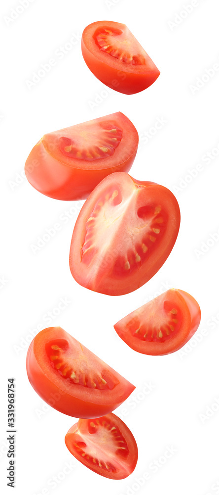Poster flying tomatoes isolated on a white with a clipping path.