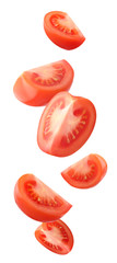 flying tomatoes isolated on a white with a clipping path.