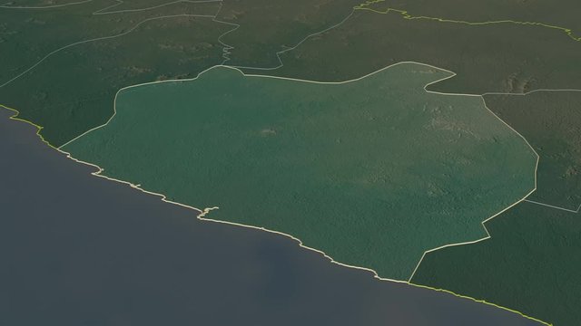 Sinoe, county with its capital, zoomed and extruded on the relief map of Liberia in the conformal Stereographic projection. Animation 3D