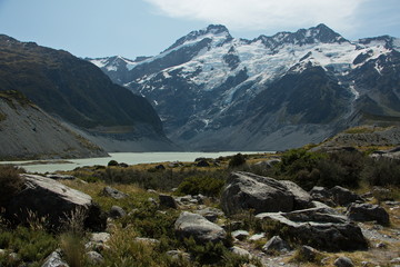 Mueller Glacial Lake on Hooker Valley Track in Mount Cook National Park on South Island of New Zealand