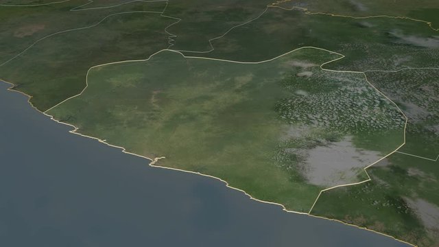 Sinoe, county with its capital, zoomed and extruded on the satellite map of Liberia in the conformal Stereographic projection. Animation 3D
