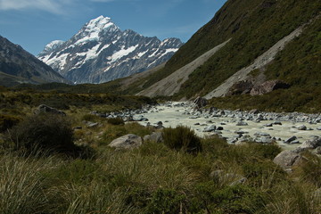 Hooker River on Hooker Valley Track in Mount Cook National Park on South Island of New Zealand
