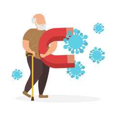 Old man is attacked by crown viruses. Grandfather holds a magnet in his hand and attracts viruses and infections. The virus is scary. Protecting the elderly. Modern diseases. Vector illustration.