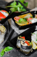 Healthy food and diet concept, restaurant dish delivery. Take away of fitness meal. Weight loss nutrition in boxes. Three meals a day, dessert and smoothies