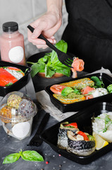 Healthy food and diet concept, restaurant dish delivery. Take away of fitness meal. Weight loss nutrition in boxes. Three meals a day, dessert and smoothies