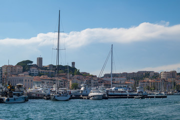 Cannes port. Luxury yachts near Cannes. Luxury vacation in France. Côte d’Azur yachting. French Riviera resort. Postcard of Cannes