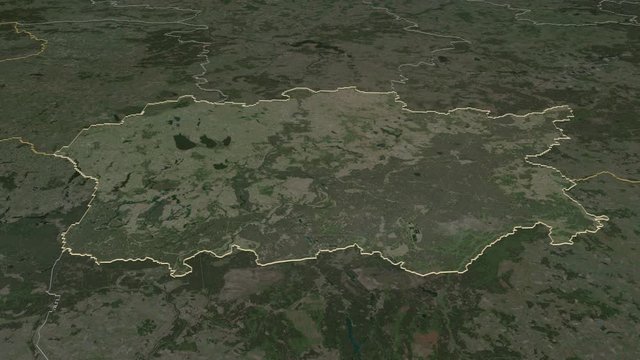 Alytaus, county with its capital, zoomed and extruded on the satellite map of Lithuania in the conformal Stereographic projection. Animation 3D