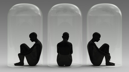 Self Isolation 3 Woman Sitting Down in a Giant Bell Jar 3d illustration 3d render - obrazy, fototapety, plakaty