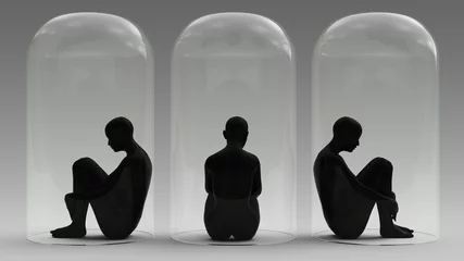 Fotobehang Self Isolation 3 Woman Sitting Down in a Giant Bell Jar 3d illustration 3d render © paul