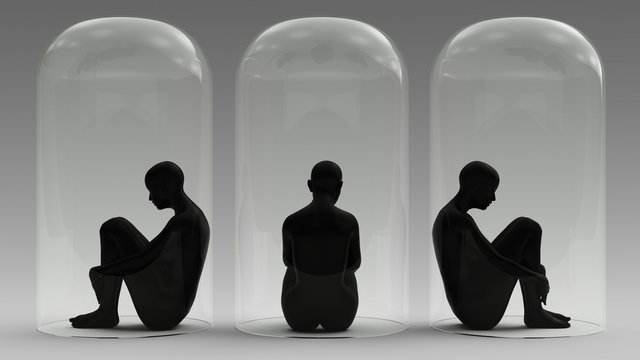 Self Isolation 3 Woman Sitting Down in a Giant Bell Jar 3d illustration 3d render