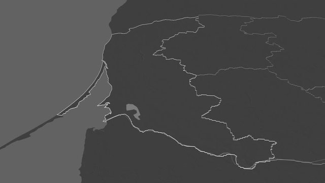 Klaipedos, county with its capital, zoomed and extruded on the bilevel map of Lithuania in the conformal Stereographic projection. Animation 3D
