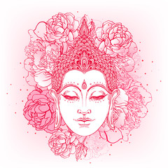 Buddha face with peonies on background. Vector illustration. Psychedelic neon composition. Indian, Buddhism, Spiritual Tattoo, yoga, spirituality. Sticker, patch, poster graphic design.