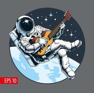 Astronaut playing guitar in space. Space tourist. Comic style vector illustration.