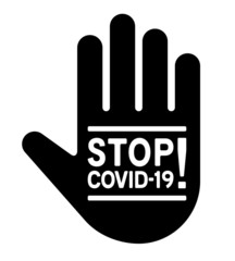 Stop Covid-19 hand sign. Coronavirus 2019-nCov Virus drawing illustration of worlwide epidemic illness. Corona global problem must be stopped. Cartoon comic style