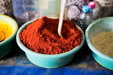 Red paprika spices in Moroccan shop